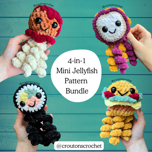 Mini Food Jellyfish Crochet Pattern Bundle | 4-in-1 Peanut Butter Jellyfish, Meatball Jellyfish, Hamburger Jellyfish, Sushi Jellyfish [PDF FILE]