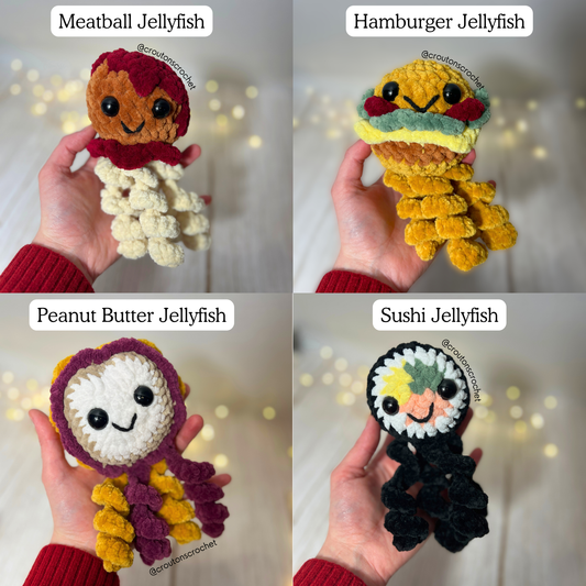 Mini Food Jellyfish Crochet Pattern Bundle | 4-in-1 Peanut Butter Jellyfish, Meatball Jellyfish, Hamburger Jellyfish, Sushi Jellyfish [PDF FILE]